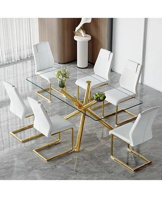 Modern Glass Dining Set: 6 Chairs, Gold Table & Chair Legs