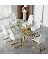Modern Glass Dining Set: 6 Chairs, Gold Table & Chair Legs