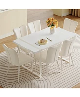 Cream-Style Dining Table Set with 6 Vertical-Back Chairs. White Mdf Tabletop, Metal Legs.
