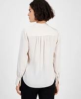 Anne Klein Women's Textured Split-Neck Long-Sleeve Top