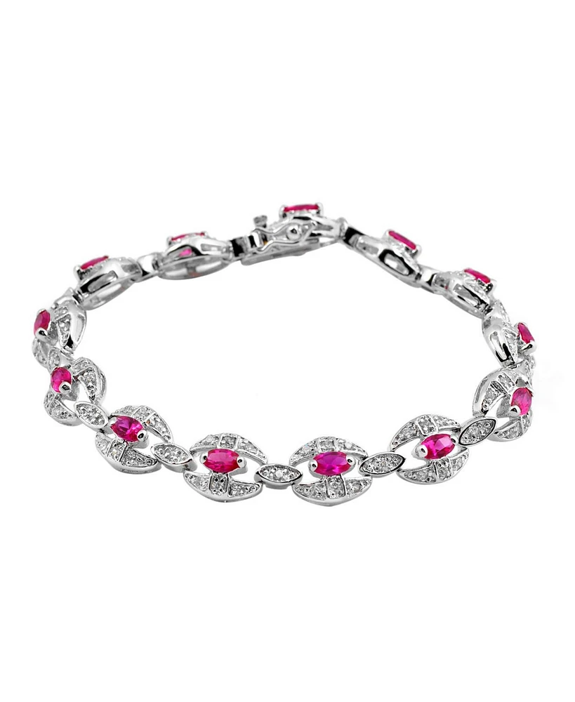 Sterling Silver White Gold Plating with Red Cubic Zirconia Link Fashion Bracelet