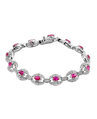 Sterling Silver White Gold Plating with Red Cubic Zirconia Link Fashion Bracelet