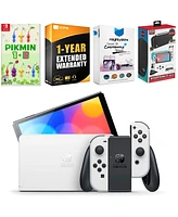 Nintendo Switch White Oled Console with Pikmin 1 + 2, Surge Accessory Gaming Kit, MightySkins Console and Controller Skin Voucher and 1 Year Cps Exten