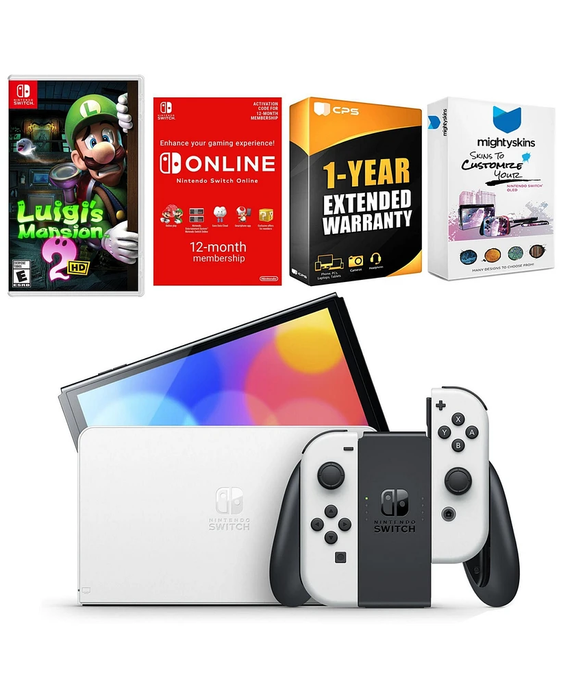 Nintendo Switch White Oled Console with Luigi s Mansion 2 Hd, Nso 12 Month Family Membership, MightySkins Console and Controller Skin Voucher, and 1 Y