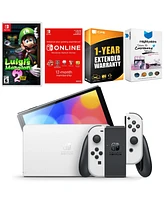 Nintendo Switch White Oled Console with Luigi s Mansion 2 Hd, Nso 12 Month Family Membership, MightySkins Console and Controller Skin Voucher, and 1 Y