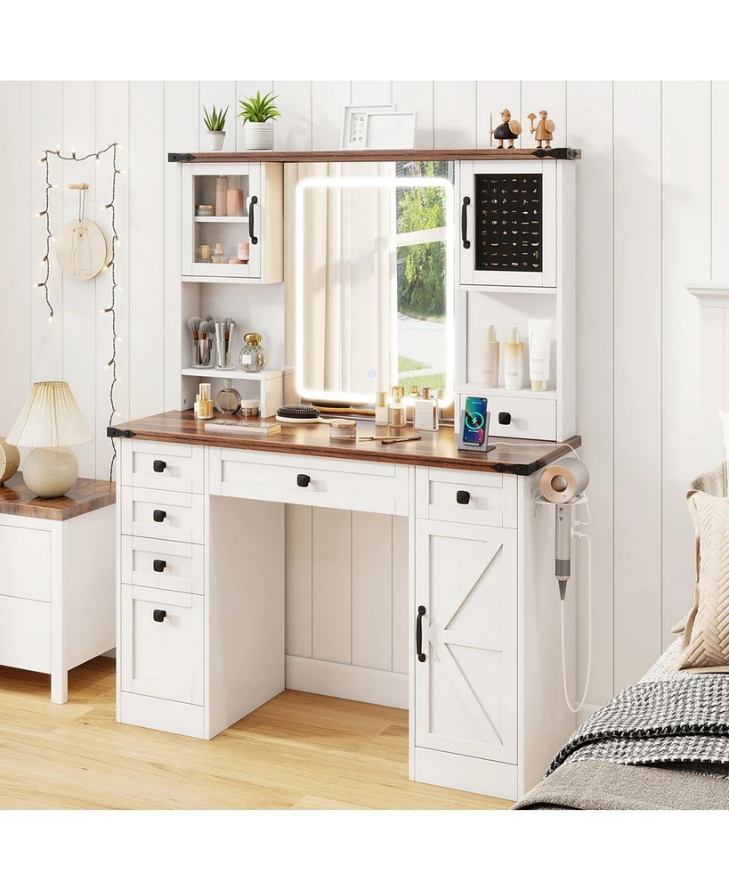 Farmhouse Vanity Desk with Lighted Mirror and 3 Doors