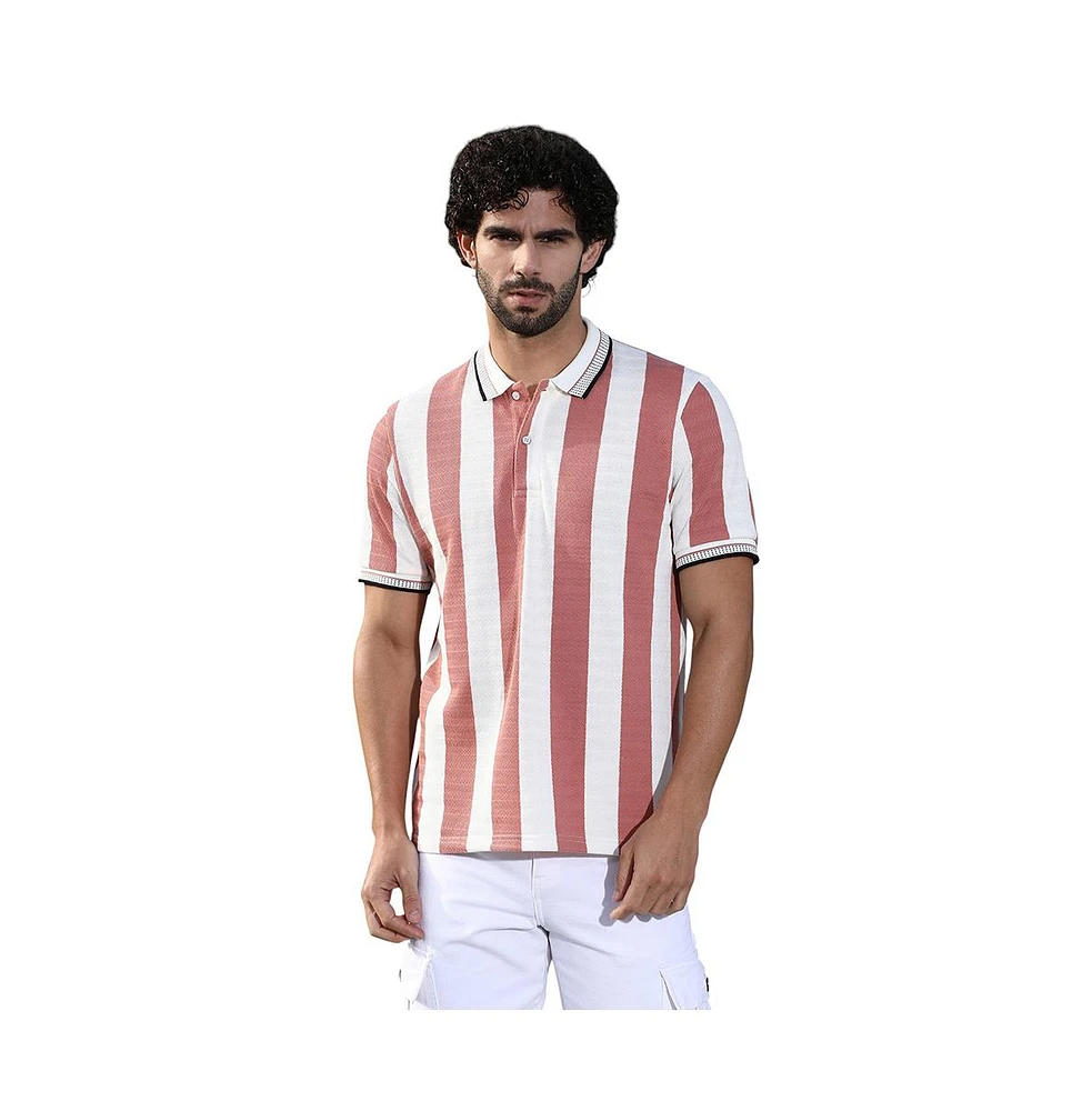 Campus Sutra Men's Nude Pink & Cream White Awning-Striped Polo T-Shirt
