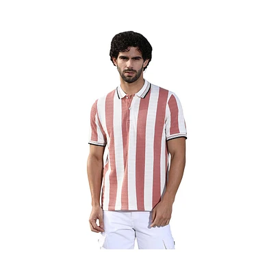 Campus Sutra Men's Nude Pink & Cream White Awning-Striped Polo T-Shirt