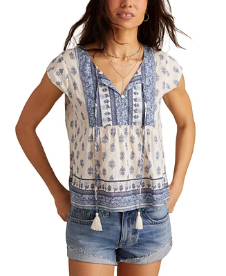 Lucky Brand Women's Cotton Mixed-Print Peasant Blouse