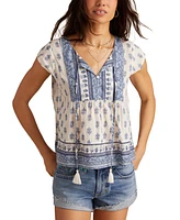 Lucky Brand Women's Cotton Mixed-Print Peasant Blouse