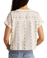 Lucky Brand Women's Embroidered Cotton Cuffed-Sleeve Top