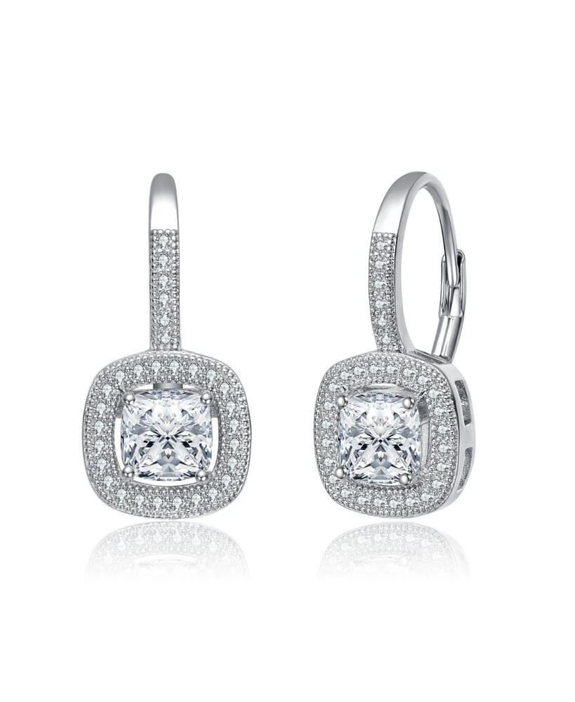 White Gold Plating with Clear Cubic Zirconia Leverback Halo Earrings