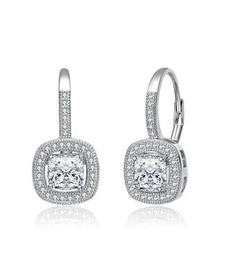White Gold Plating with Clear Cubic Zirconia Leverback Halo Earrings