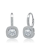 White Gold Plating with Clear Cubic Zirconia Leverback Halo Earrings