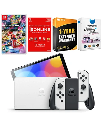 Nintendo Switch White Oled Console with Mario Kart 8 Deluxe, Nso 12 Month Family Membership, MightySkins Console and Controller Skin Voucher