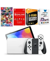 Nintendo Switch White Oled Console with Mario Kart 8 Deluxe, Nso 12 Month Family Membership, MightySkins Console and Controller Skin Voucher