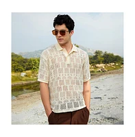 Campus Sutra Men's Buff Beige Geo-Boho Oversized Polo T-Shirt