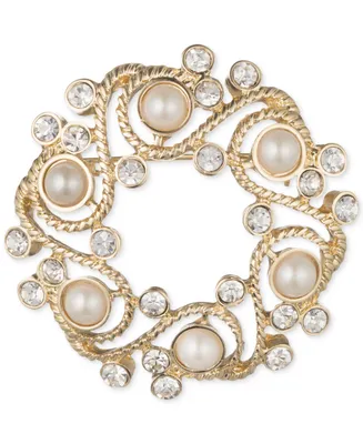 Anne Klein Gold-Tone Imitation Pearl and Crystal Wreath Pin, Created for Macy's