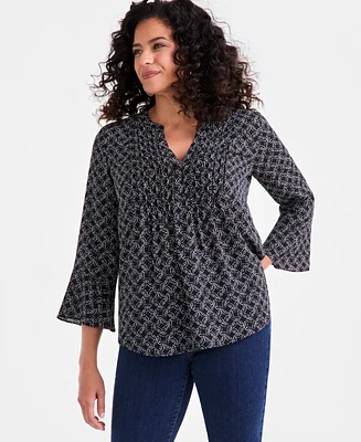 Style & Co Women's Printed Pintuck Ruffle Sleeve Top, Exclusively at Macy's