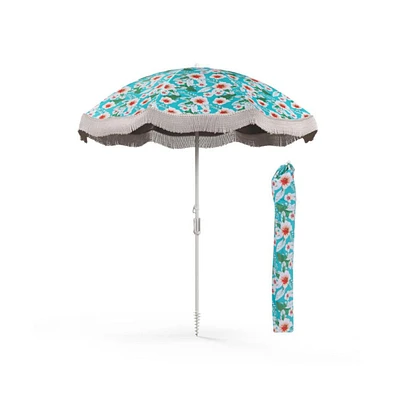 6.5 feet Beach Umbrella with Fringe Outdoor Tassel Push Button Tilt