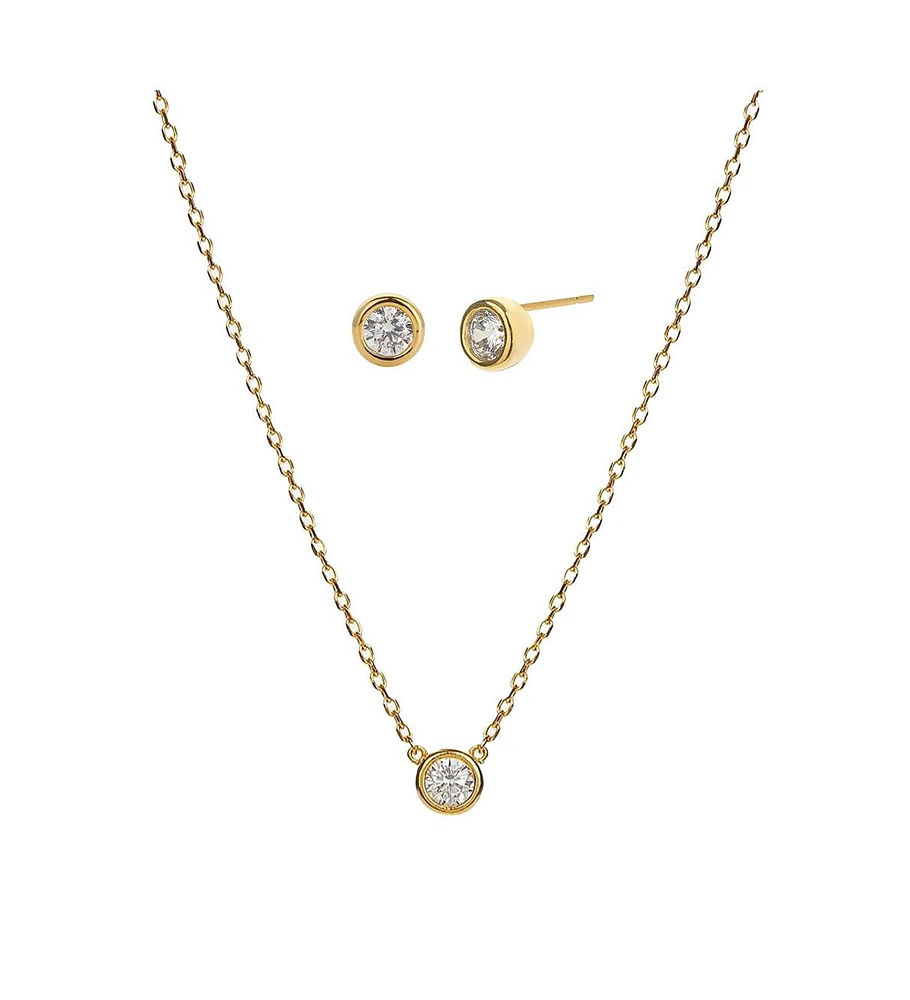 Sterling Silver 18k Gold Plated Single Round Pendant Margot Necklace & Stud Earrings Set