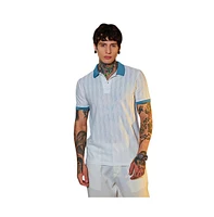 Campus Sutra Men's Chalk White & Aegean Blue Contrast Texture Polo T-Shirt