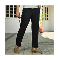 Campus Sutra Men's Midnight Black Linen-Blend Tapered Trousers