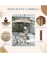 LAGarden Boho 9' Fringe Patio Umbrella with Tassels UPF50+ Boho Style 5-Year-Non-Fading for Outdoor Yard Market Mocha Meander