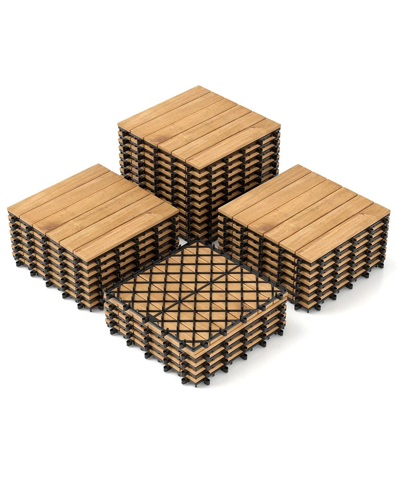 Costway 30 Pcs Acacia Wood Flooring Tiles 12" x 12" Snap-in-place Patio Tiles for Porch