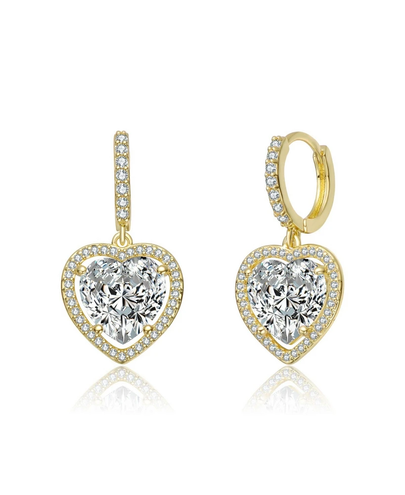 14K Gold Plating with Clear Cubic Zirconia Heart Drop Hoop Earrings