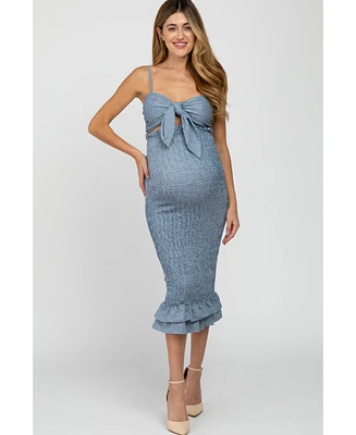 Pinkblush Maternity Blue Gingham Print Smocked Fitted Self-Tie Midi Dress