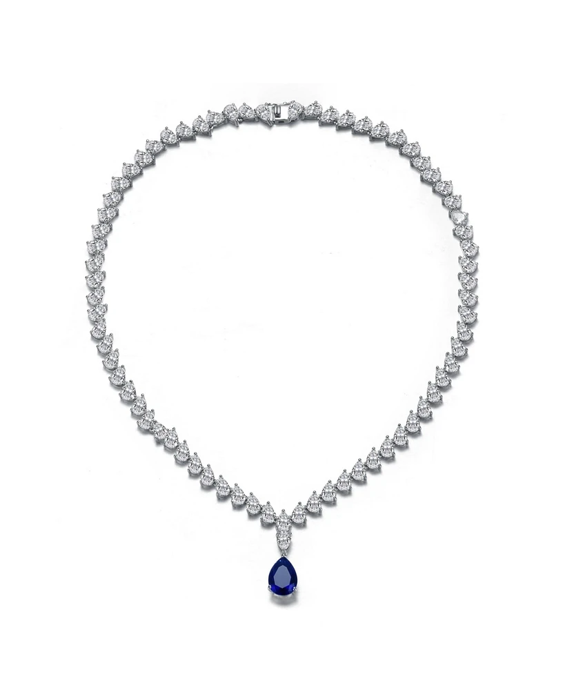 White Gold Plated with Blue and Clear Cubic Zirconia Statement Necklace