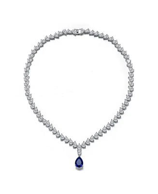 White Gold Plated with Blue and Clear Cubic Zirconia Statement Necklace