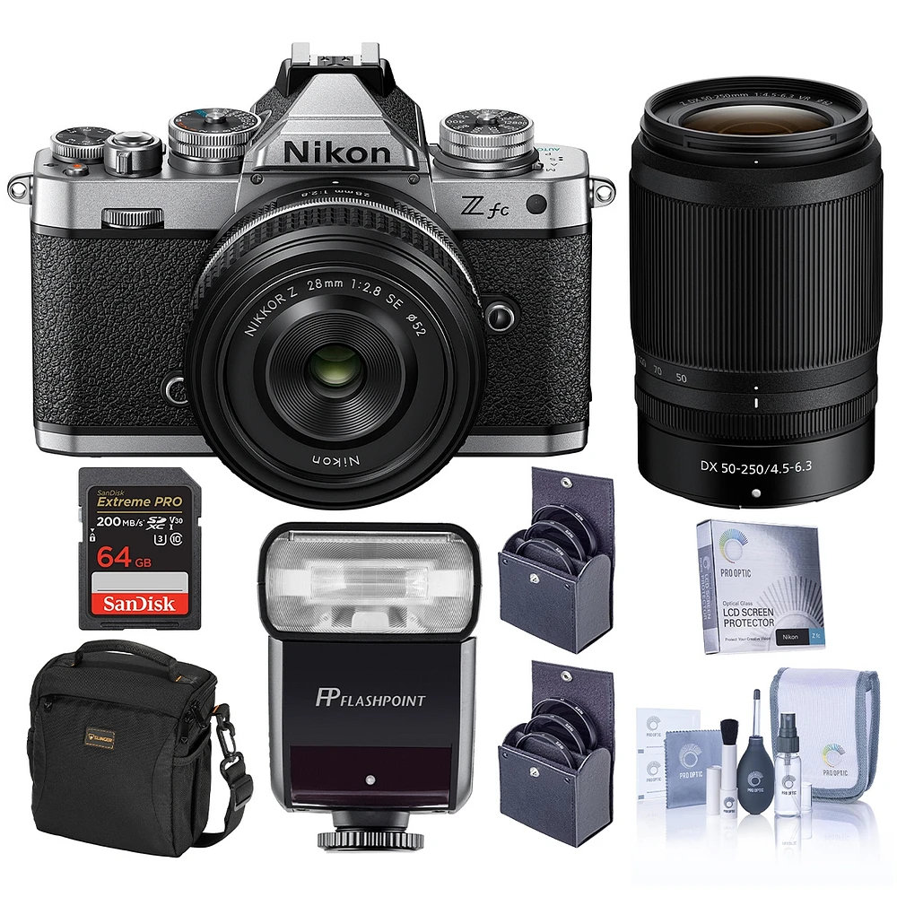 Nikon Z fc Dx-Format Mirrorless Camera, Silver, with 28mm f/2.8 and 50-250mm f/4.5-6.3 Lens, Bundle with Zoom-Mini Ttl R2 Flash, 64GB Memory Card, Bag