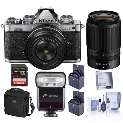 Nikon Z fc Dx-Format Mirrorless Camera, Silver, with 28mm f/2.8 and 50-250mm f/4.5-6.3 Lens, Bundle with Zoom-Mini Ttl R2 Flash, 64GB Memory Card, Bag
