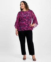 Kasper Plus Bell-Sleeve Ditsy-Print Top