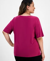 Kasper Plus Elbow-Sleeve Pleated-Neck Top