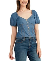 Bcx Juniors' Denim Puff-Sleeve Sweetheart-Neck Top