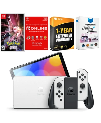 Nintendo Switch White Oled Console with Pokemon Shining Pearl, Nso 12 Month Family Membership, MightySkins Console and Controller Skin Voucher, and 1