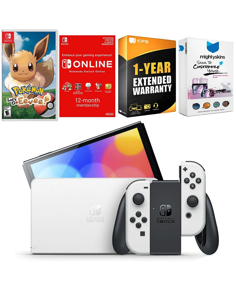 Nintendo Switch White Oled Console with Pokemon Let's Go, Eevee!, Nso 12 Month Family Membership, MightySkins Console and Controller Skin Voucher
