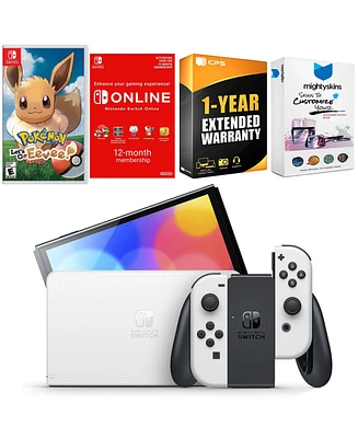 Nintendo Switch White Oled Console with Pokemon Let's Go, Eevee!, Nso 12 Month Family Membership, MightySkins Console and Controller Skin Voucher