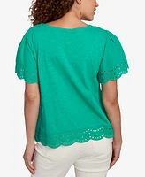Ruby Rd. Petite Embroidered Sleeve Solid T-Shirt