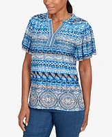 Ruby Rd. Petite Motif Stripe Embroidered Puff Print T-Shirt