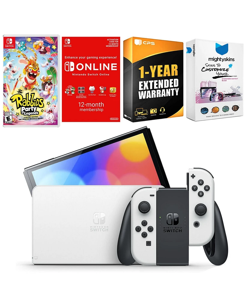 Nintendo Switch White Oled Console with Rabbids: Party of Legends, Nso 12 Month Family Membership, MightySkins Console and Controller Skin Voucher
