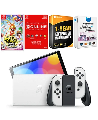 Nintendo Switch White Oled Console with Rabbids: Party of Legends, Nso 12 Month Family Membership, MightySkins Console and Controller Skin Voucher, an