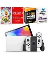 Nintendo Switch White Oled Console with Rabbids: Party of Legends, Nso 12 Month Family Membership, MightySkins Console and Controller Skin Voucher