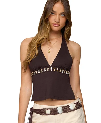 Edikted Women's Pearlsy Button Backless Halter Top