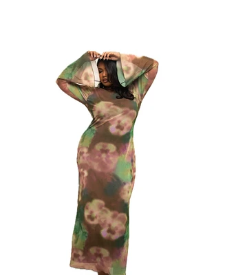 Fashion-szn Curve Plus Long Sleeve Floral Print Mesh Maxi Dress
