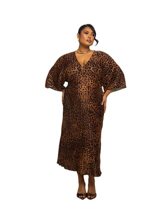 Fashion-szn Curve Plus 3/4 Sleeve Leopard Print Midi Dress
