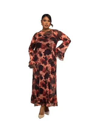 Fashion-szn Curve Plus Long Sleeve Floral Print Mesh Maxi Dress
